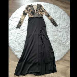 NICOLE BAKTI BLACK LACE LONG SLEEVE SHEER SEE THROUGH RUFFLE LONG BLACK DRESS